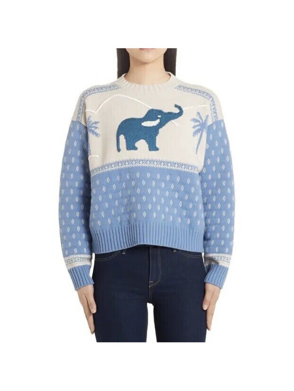 $1155 NEW Alanui Blue Sequin Elephant Jacquard Sweater Medium